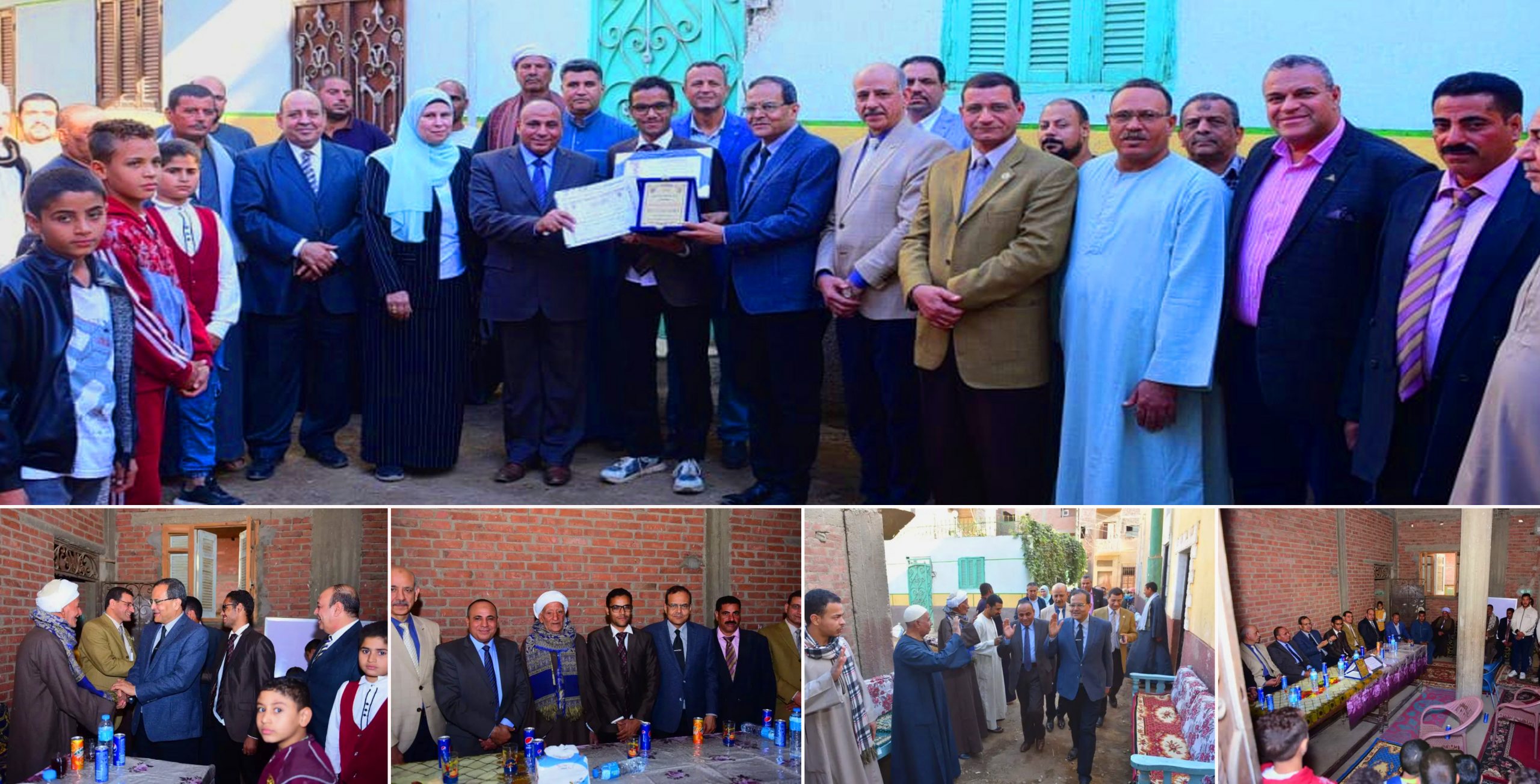 خلال احتفاء عائلي بهيج ..رئيس جامعة سوهاج يزور الطالب أحمد إبراهيم لمحوه أمية ٤٣ دارس ويكرم اسرته